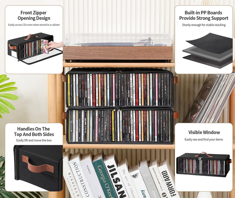 Clear Front CD Storage Box 4 Pack Dustproof Zippered Case Holder with Top & Side