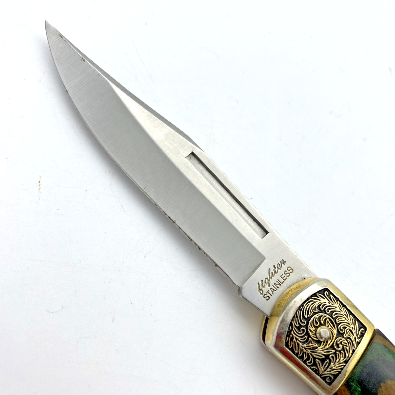 Fighter Folding Pocket Knife 4 Inch Blade Stainless Steel Blade w/ Sheath VTG