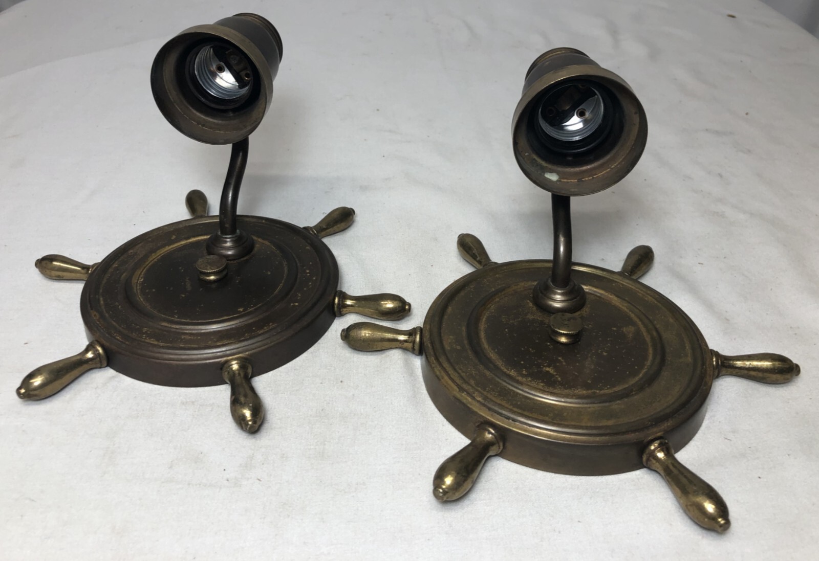 Vtg Nautical Wall Sconce Pair Ship Wheel Brass Light Fixture Art Wired USA #i30