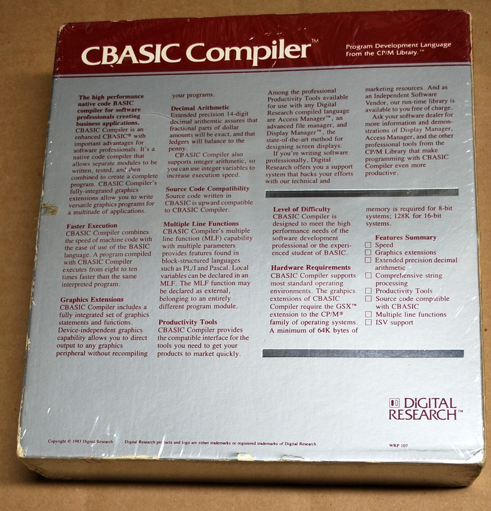 Digital Research CBASIC Compiler w/ Software New in Box