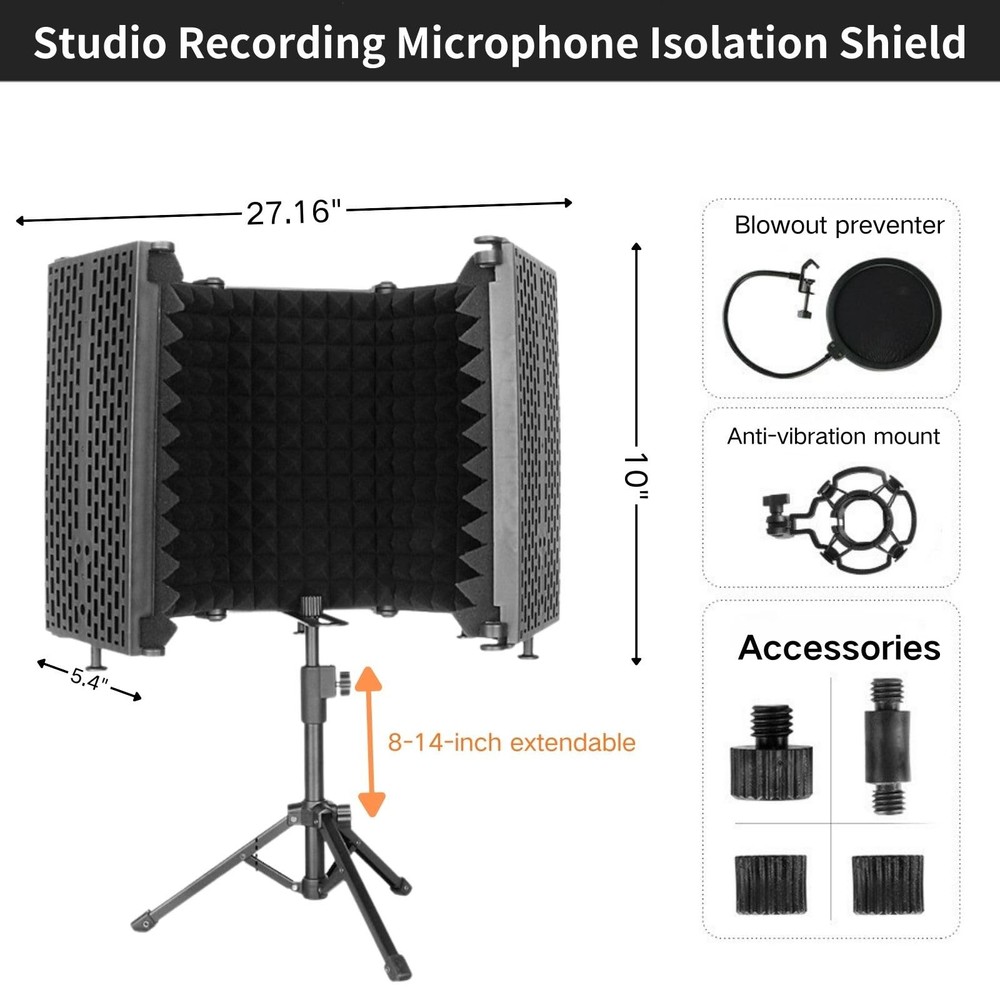 Microphone Isolation Shield 5 Panel Pop Filter Tripod Stand Studio Black