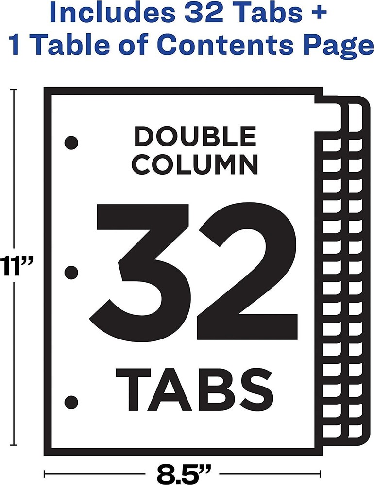 Avery Double Column 32 Tab Dividers, Customizable TOC, 1 Set (11322)