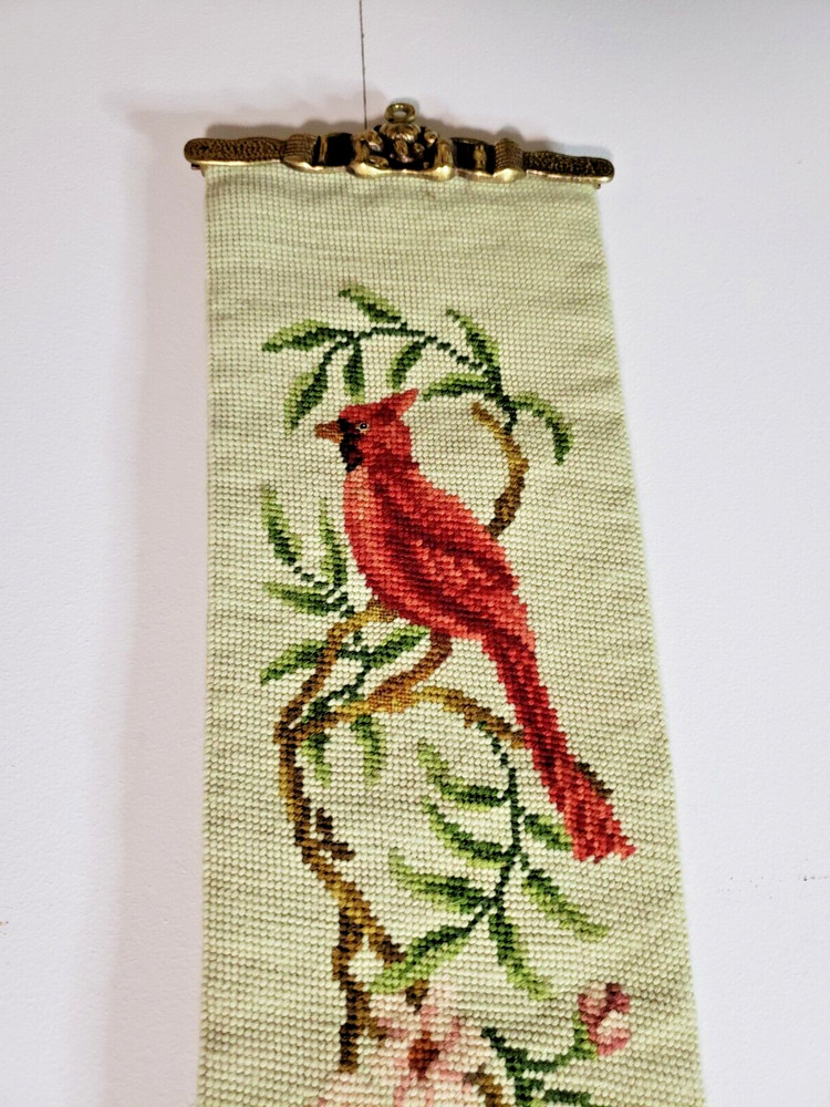 BEAUTIFUL VINTAGE NEEDLEPOINT BELL PULL W/BIRDS AND BRASS HARDWARE