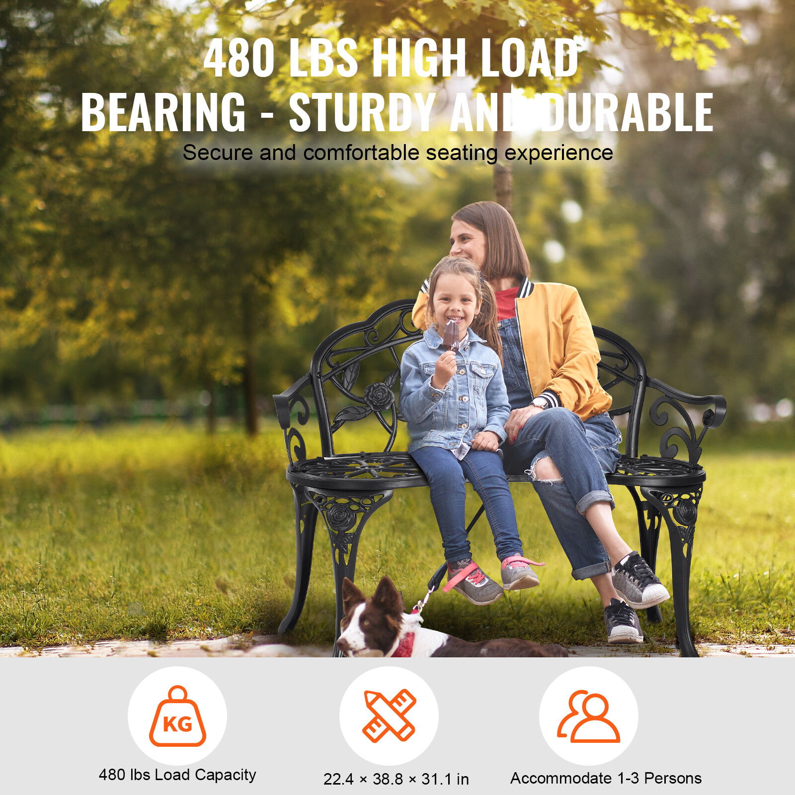 VEVOR Outdoor Bench 38.8in Metal Garden Bench 480lbs Park Patio Yard Porch Bench