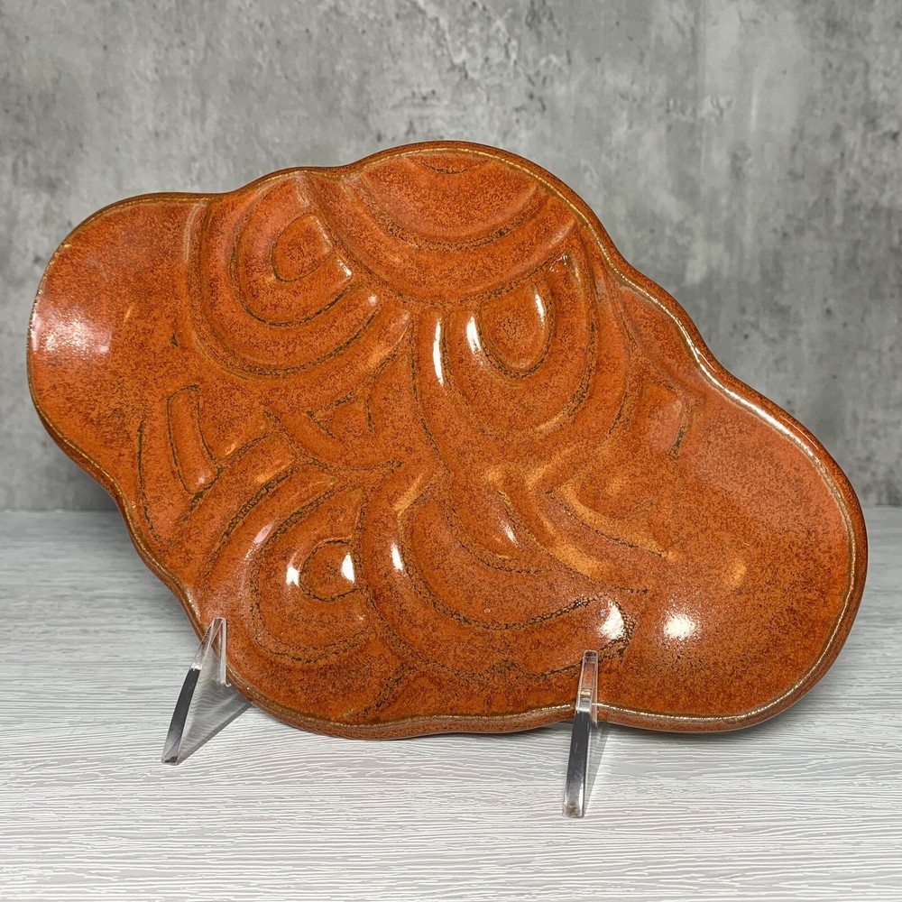 Studio Art Pottery Rusty Orange Embossed Arabesque Patterned 9 x 6" Tray