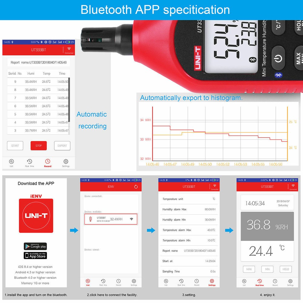 UNI-T UT333BT Bluetooth Thermometer Hygrometer Digital Mini Temperature meter LC