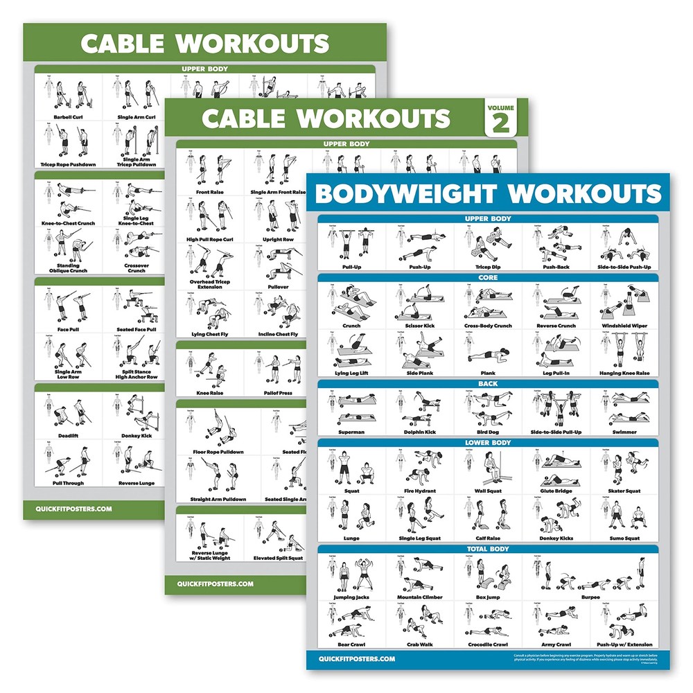 Palace Learning 3 Pack - Cable Machine Workout Posters 18" x 24", LAMINATED