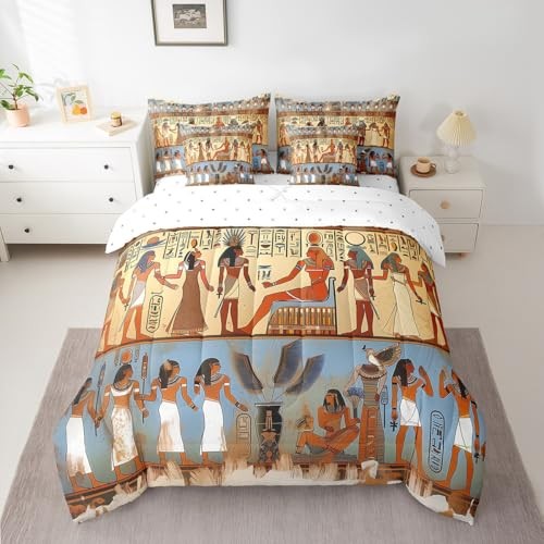 Ancient Egypt Bedding Set with Sheets Egyptian Pattern King Beige Blue