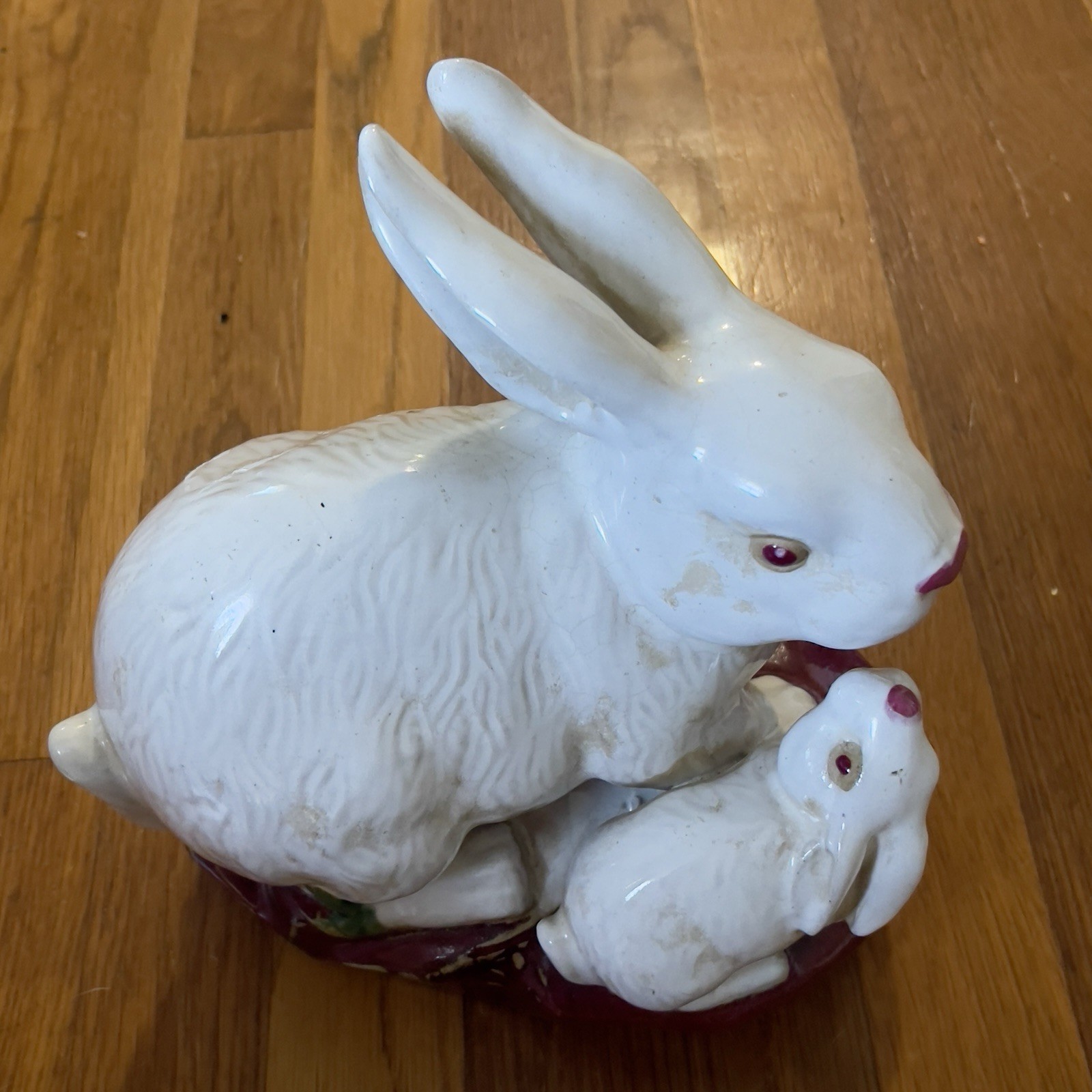 Majolica Rabbit & Baby Bunny vintage Japanese 10" tall 9" long 8" wide