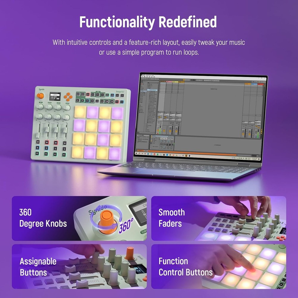 US Synido MIDI Pad Controller, Rechargeable Beat Maker Machine 16 RGB Beat Pad