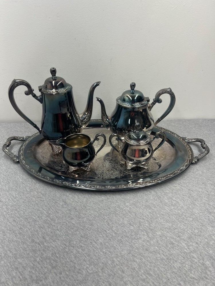 Oneida Silversmiths Silver-Plated 5-Piece Tea Set With Etched Serving Tray