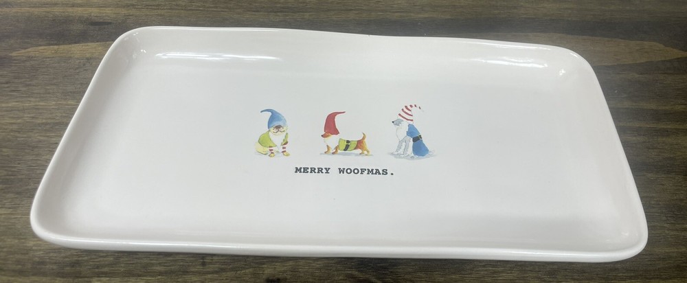 Rae Dunn MERRY WOOFMAS Rectangular Serving Tray, Artisan collection, Magenta
