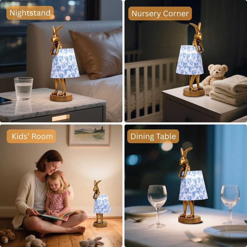 ZenithLight Rechargeable Rabbit Lamp: Cordless LED, Linen Shade & Gold Base
