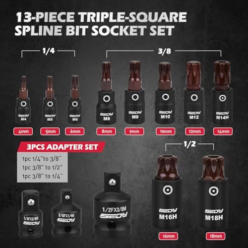 Triple-Square Spline Bit Socket Set: 13-Piece Socket 13PCS Triple Square M4–M18