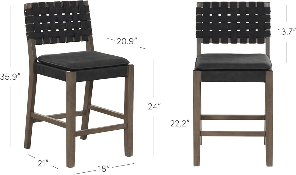 Mid-Century Modern Counter Height Bar Stool with Woven Leather Back, Solid Wood