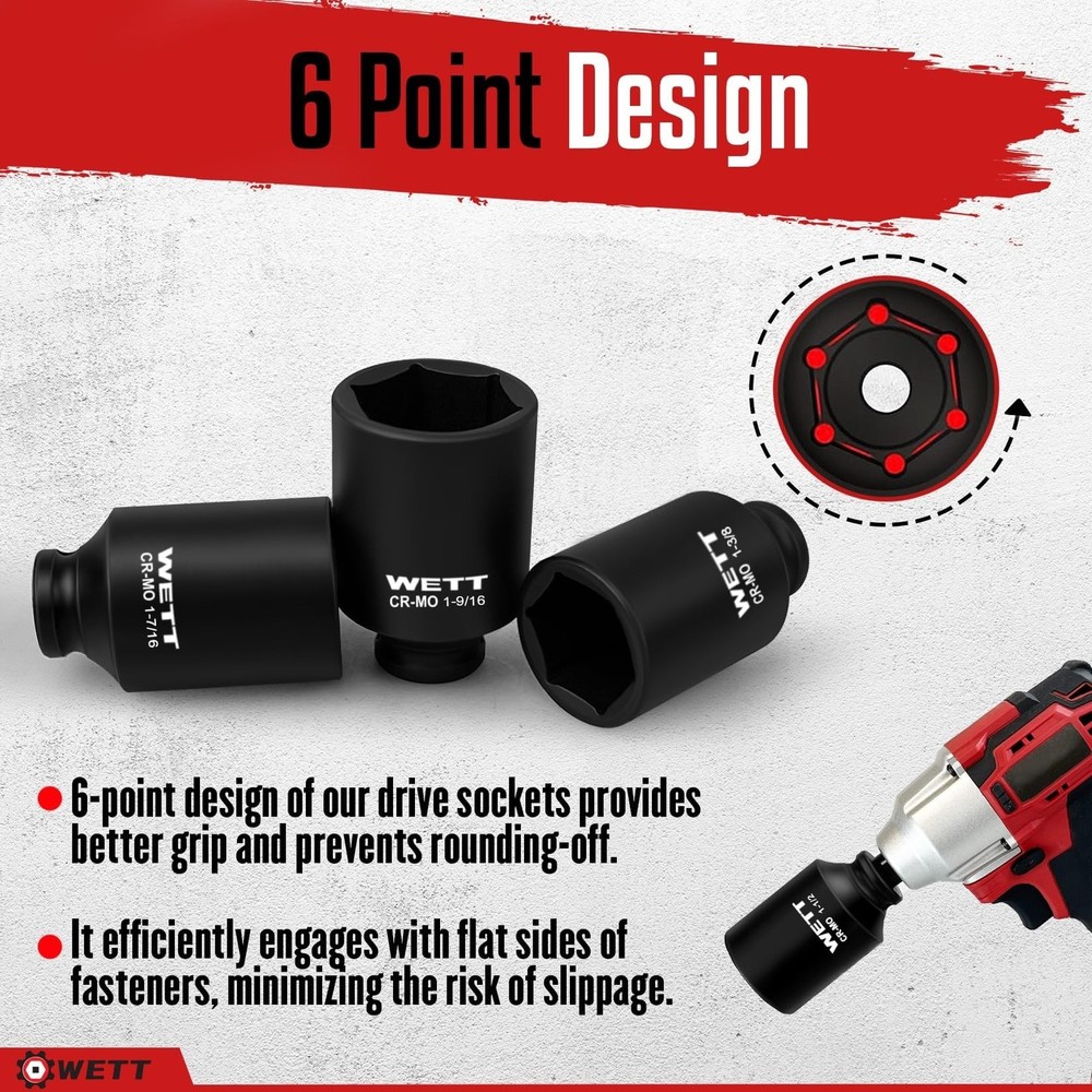 WETT 1/2" Drive Deep Large Impact Socket Set, 8-Piece Spindle Axle Nut Large ...