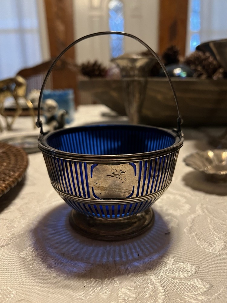 Small Solid Sterling Handled Basket With Cobalt Bowl Insert 80 Grams