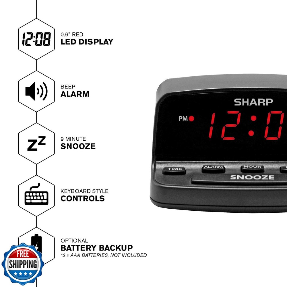 Sharp Digital Alarm Clock with Keyboard Style Controls, Battery Back-up, Easy