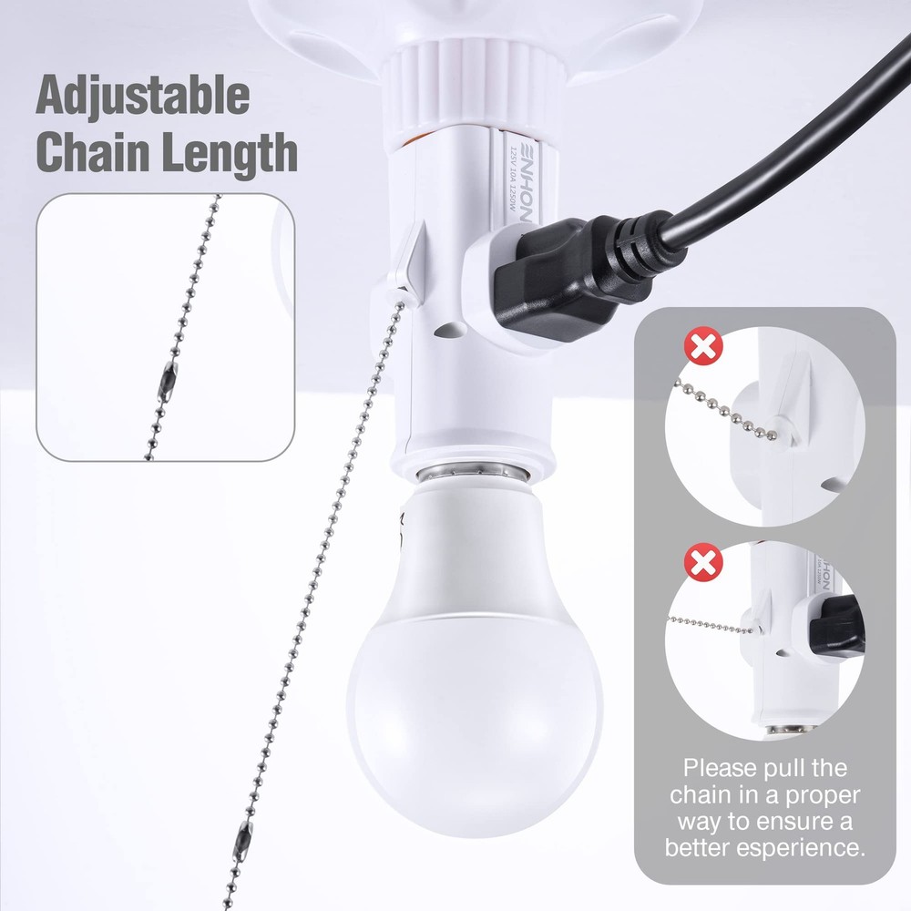 3 Prong E26 Light Socket to Plug Adapter, White Heat Resistant Silver