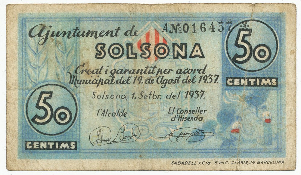 SPAIN, ESPAÑA - 50 Centims (SOLSONA) (S127)