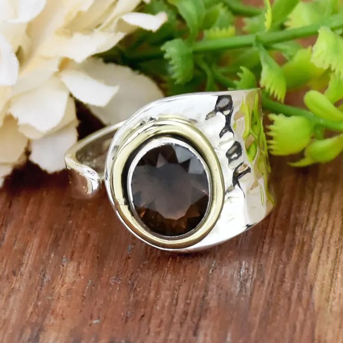 Solid 925 Sterling Silver Natural Smoky Quartz Gemstone Hammered Adjustable Ring