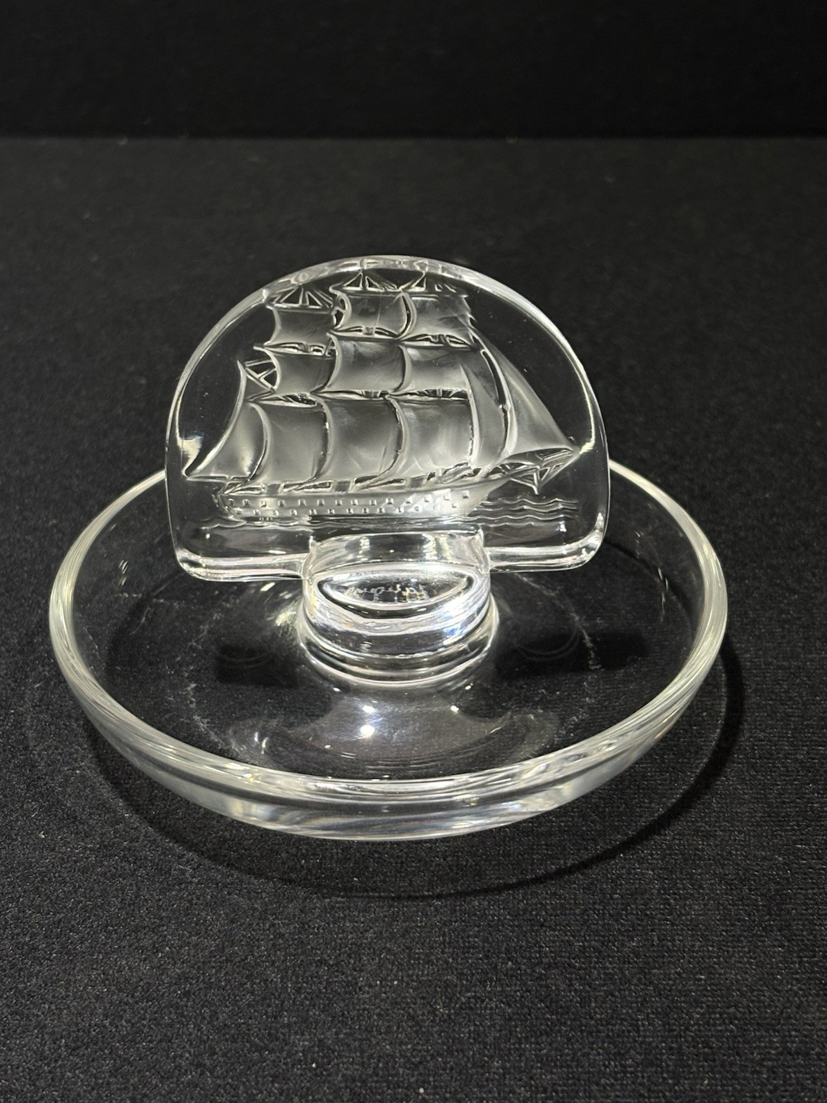 Vintage Lalique France Crystal Ship Etched Trinket Ring Dish Holder Pin Tray