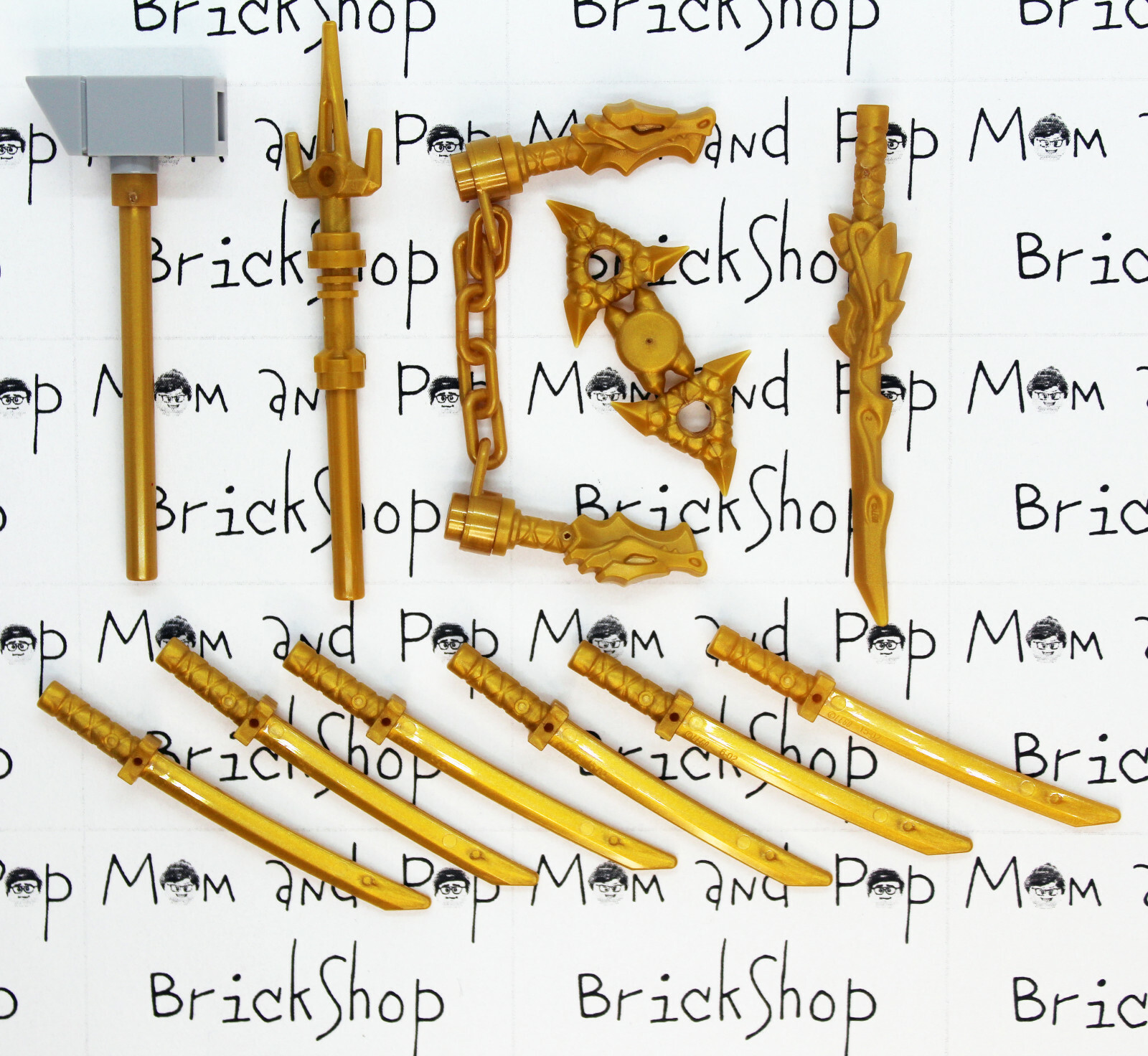 LEGO Ninjago Weapon Set Katana Sword Shuriken Sai Nunchuck Hammer Gold Ninja Lot