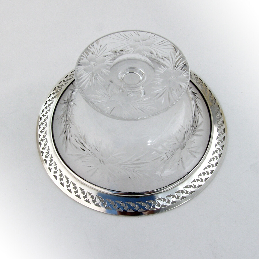 Cut Glass Footed Bowl Openwork Sterling Border 1940 Mono