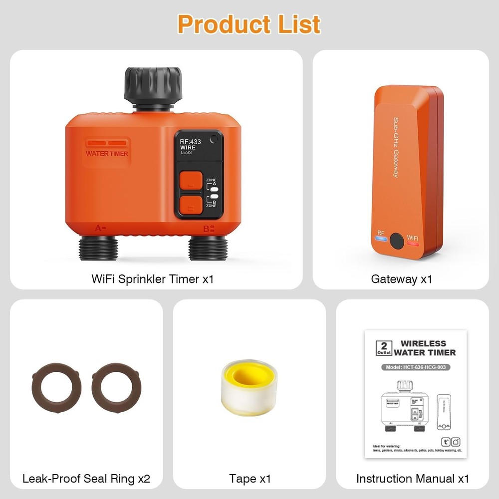 WiFi Garden Water Timer 2-Zone Smart Sprinkler Controller App Voice Control