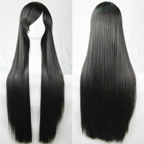 Black Straight Sleek Long Full Hair Wigs w Side Bangs Cosplay Costume Womens