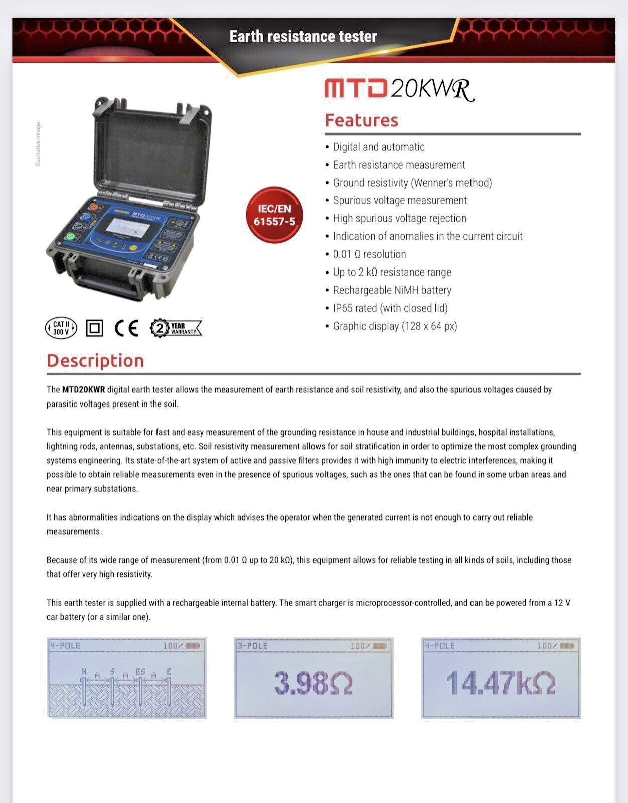 Megabras MTD20KWR Digital Earth Tester telurometer Reliable Measurement
