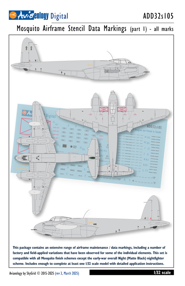 Mosquito airframe stencil/data – 1/32 scale Aviaeology Decals