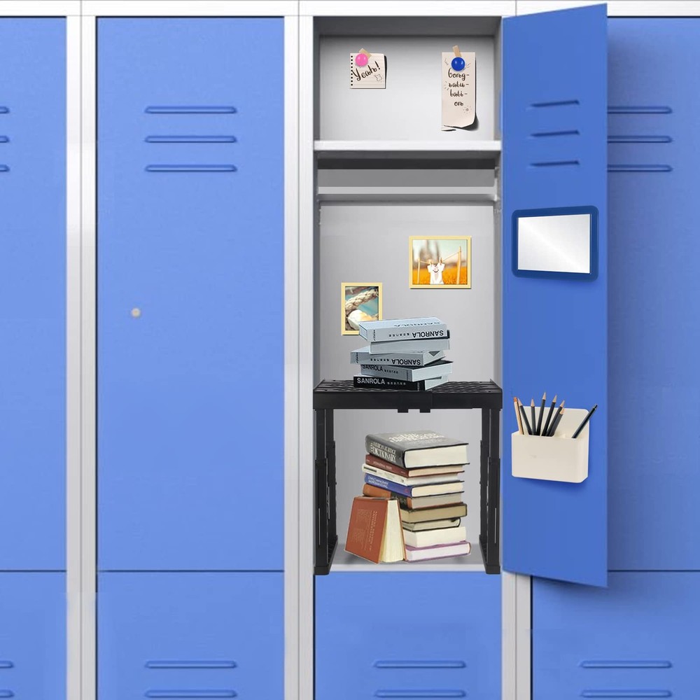 Black Adjustable Height Width Locker Organizer Shelf for Gym Office
