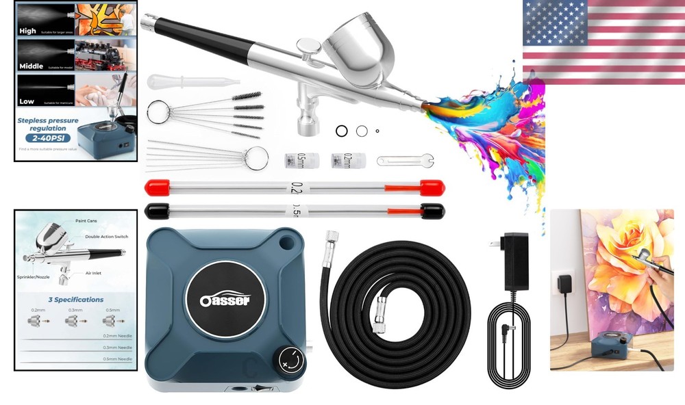 Efficient Airbrush Kit with Compressor, Three Nozzle Sizes, Lightweight Design