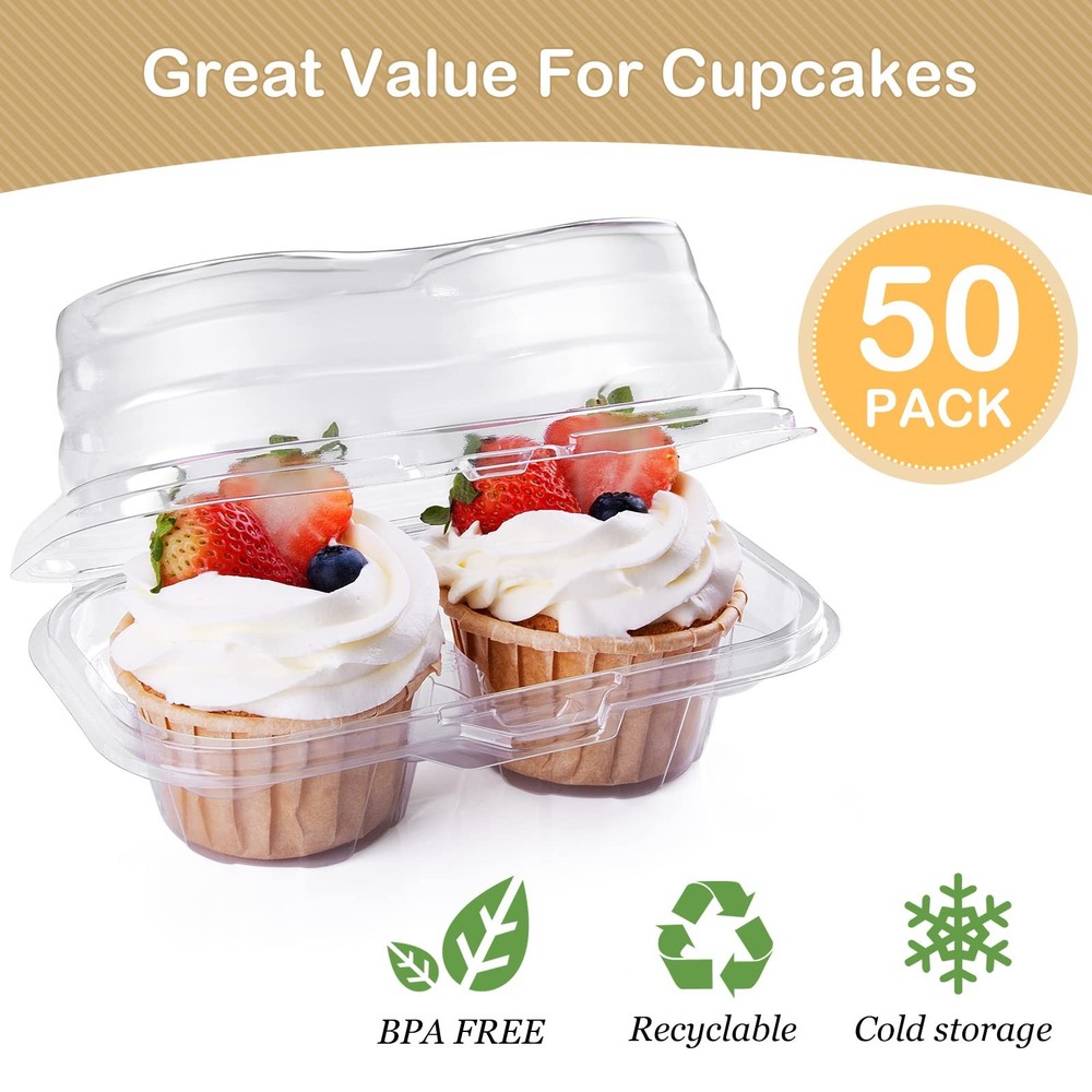 50-Pack 2-Cavity Clear Stackable Cupcake Boxes Carrier Holder Container