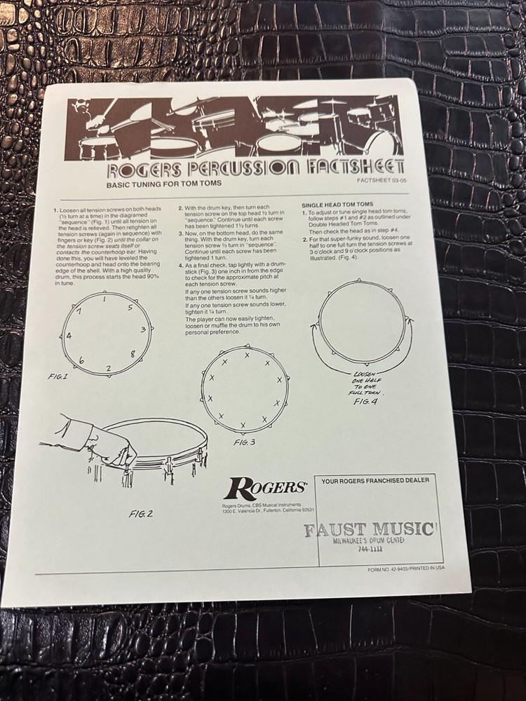 Vintage Rogers 1970s Drum Percussion Fact Sheet (M8355) BASIC TOM TOMS TUNING