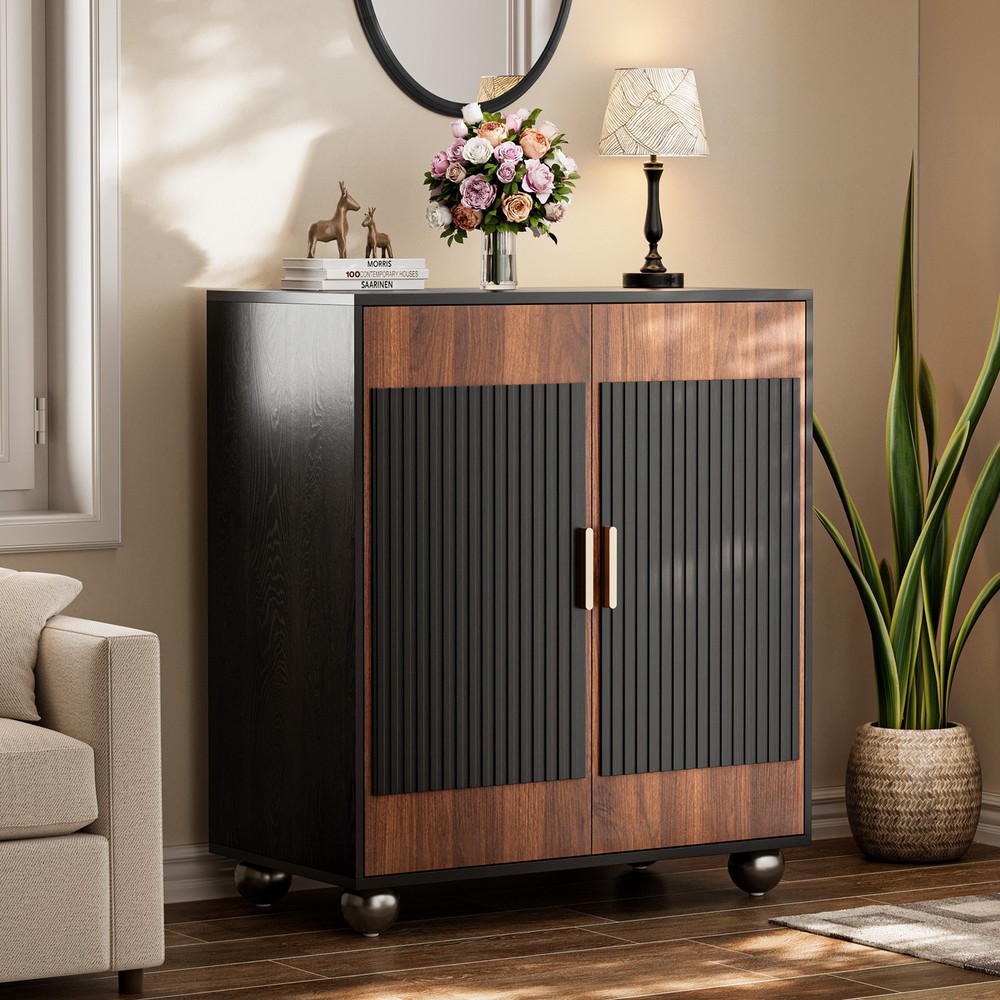 Fluted Sideboard Cabinet with Storage Solid Wood Buffet Corner Cabinet Walnut