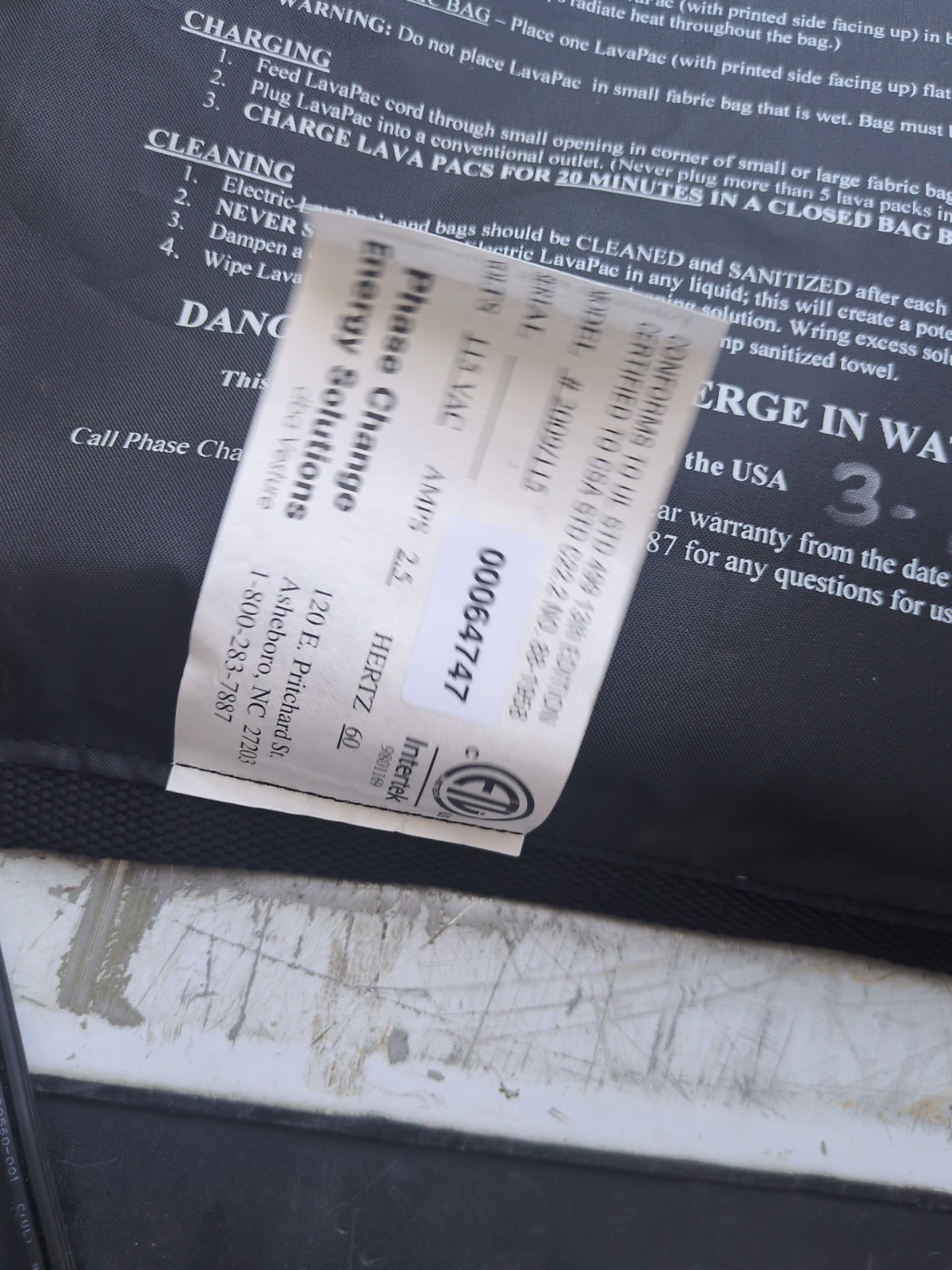 Lava pack PCS/Vesture Electric Lava Pac Heating Pad Model 2009/115 2.5amp