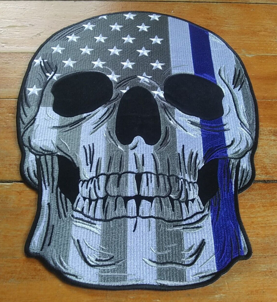 LARGE Embroidered Back Patch ~ Police USA Flag Thin Blue Line SKULL Jacket PATCH