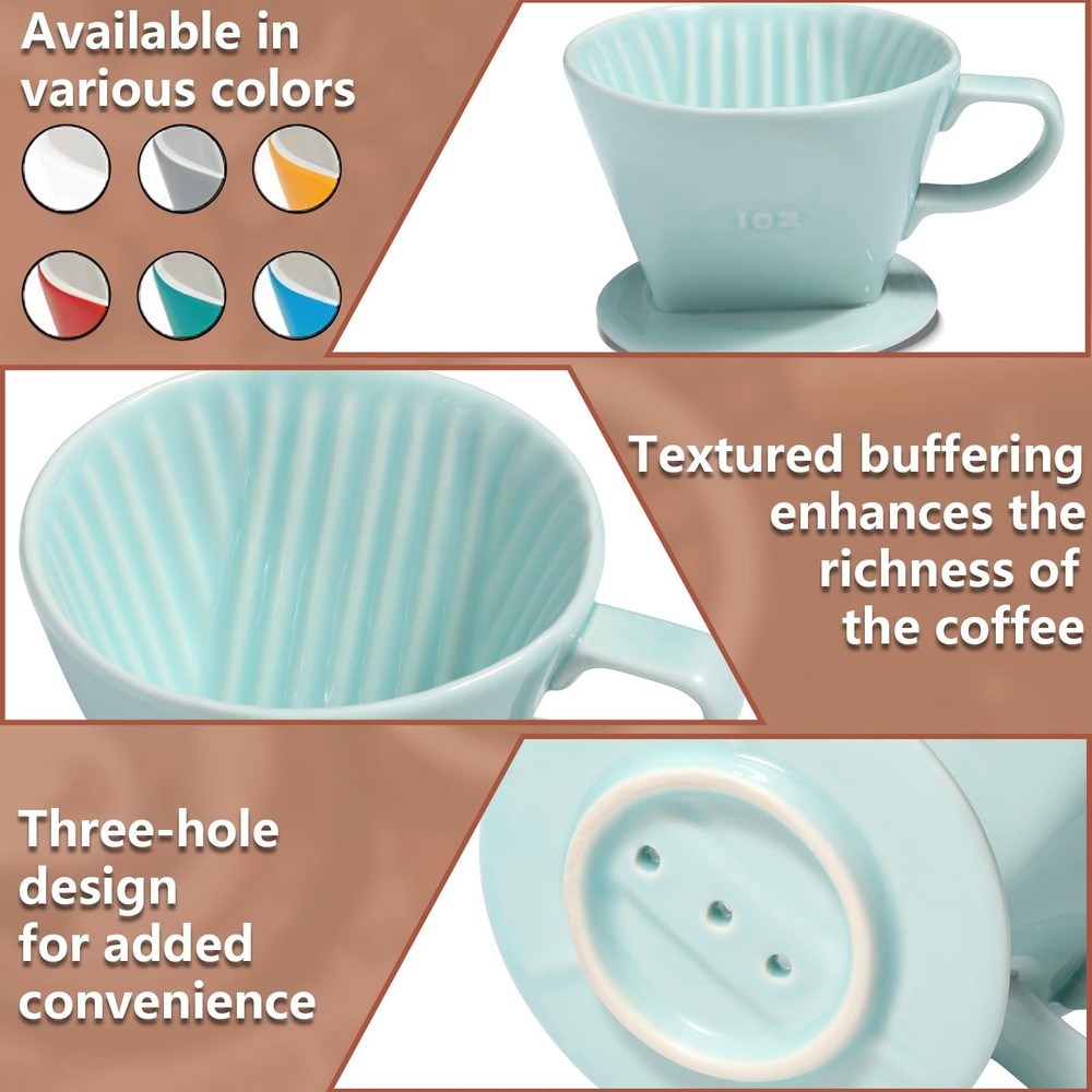 Pour Over Ceramic - Coffee Dripper Ceramic Coffee Maker with 3 Holes Flat Bot...