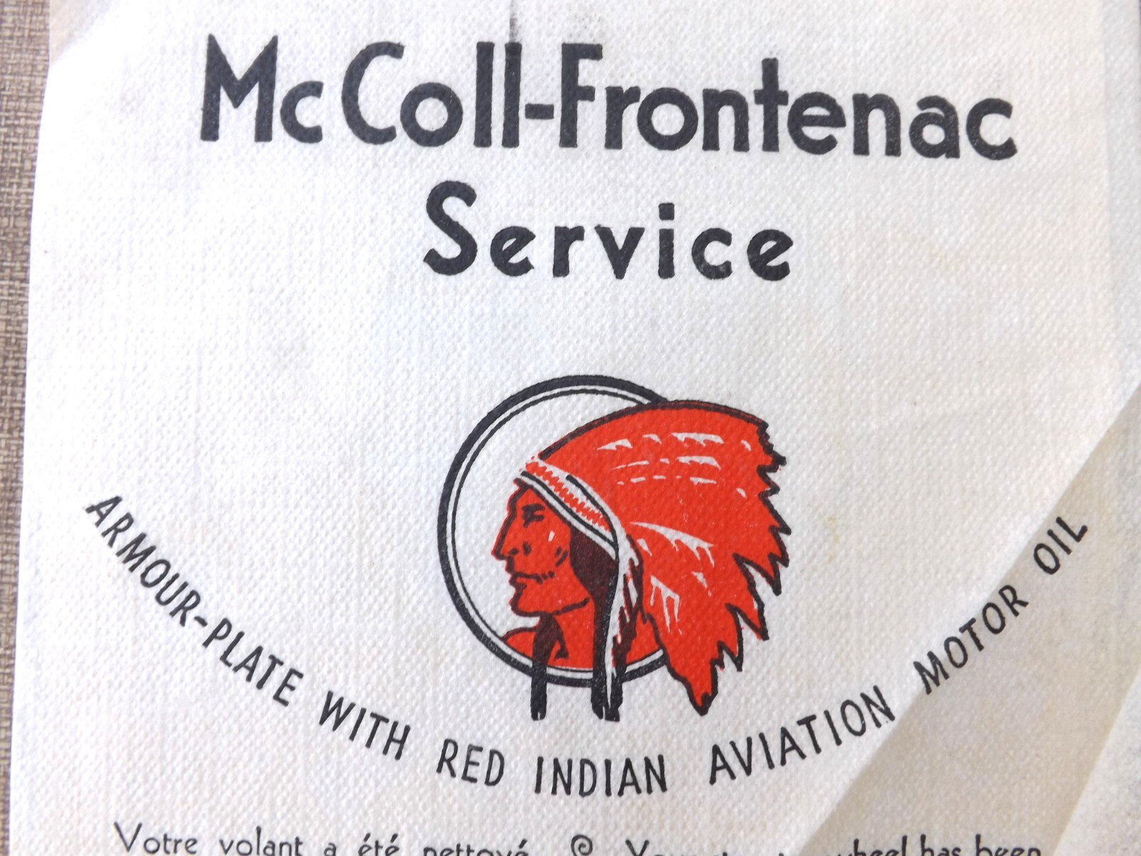 VTG. 1930s McCOLL-FRONTENAC SERVICE GAS & OIL STATION NAPKIN RED INDIAN AVIATION