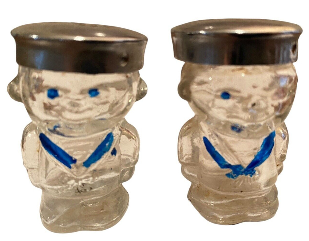 Navy USMC Glass Salt & Pepper Shakers Set Soldiers Vintage Miliary