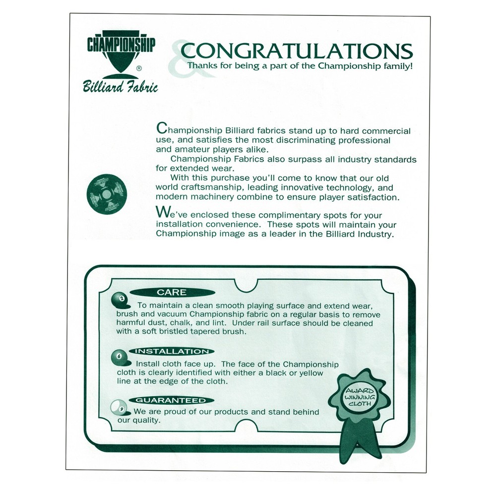 7' Championship Saturn II Teflon Billiard Pool Table Felt Cloth - Basic Green