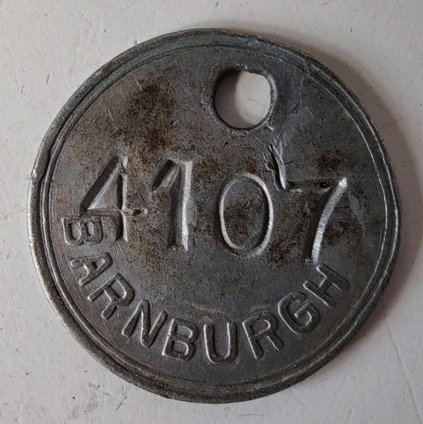 Barnburgh Colliery Pit Check Tally Token marked Barnburgh 4107