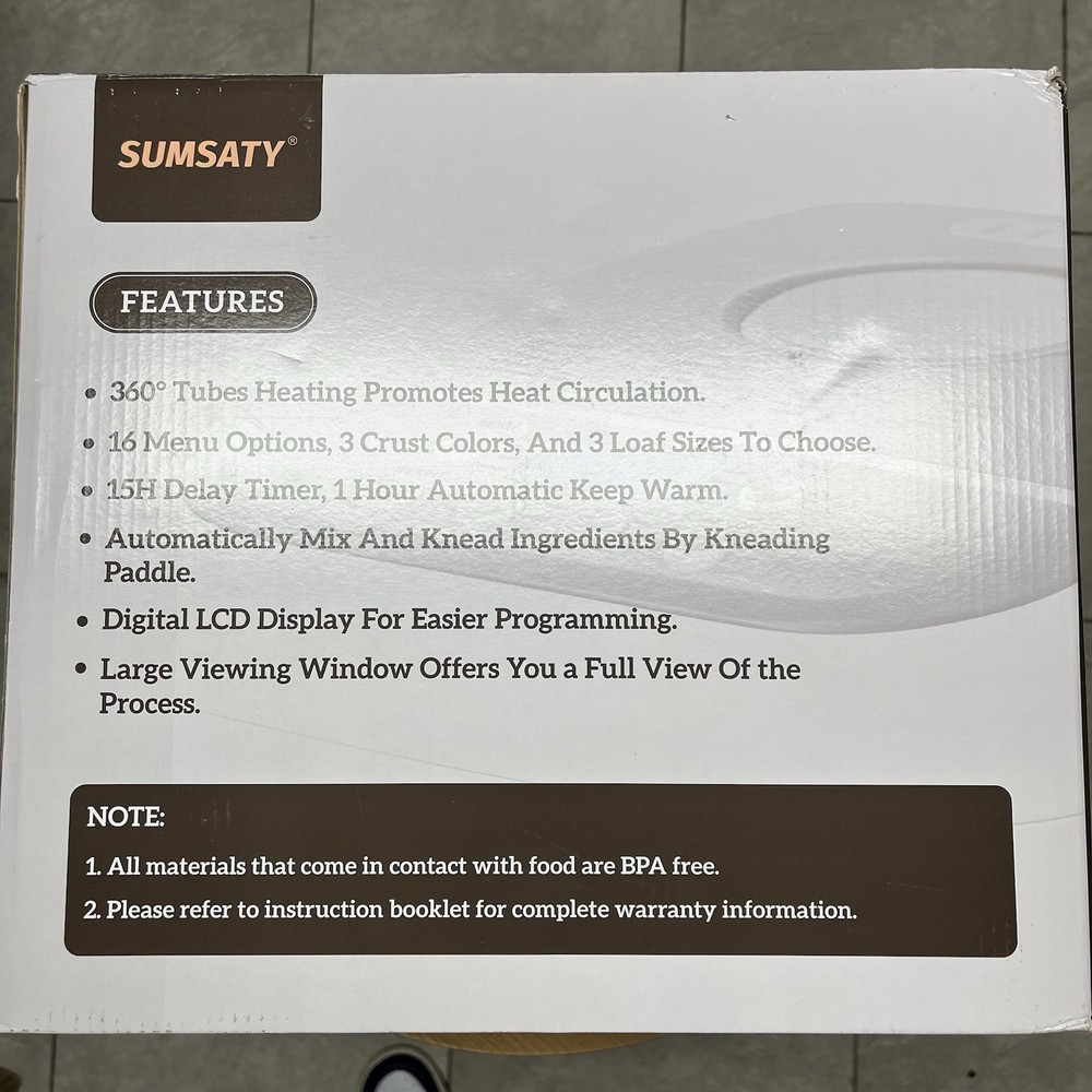 Sumsaty Bread Maker 2.2LB 16-in-1 Bread Machine Automatic Bread Maker Machine