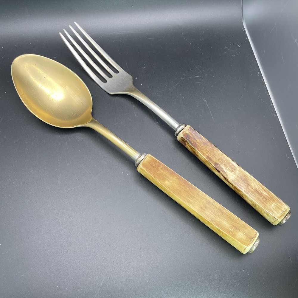 faux bone Wood handle serving fork spoon Plastic? Bakelite? Celluloid?