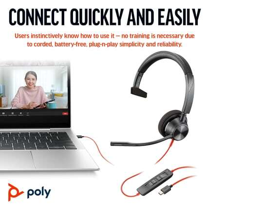Poly Blackwire 3310 Monaural Microsoft Teams Certified USB-C Headset +USB-C/A