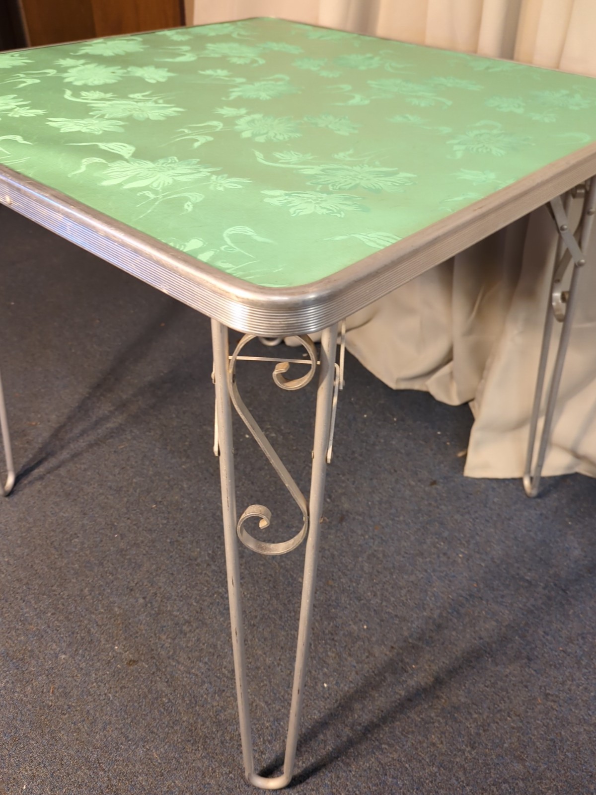 Vtg Retro Card Table Aluminum Green Portable 60s Scroll Legs MCM Mid Century