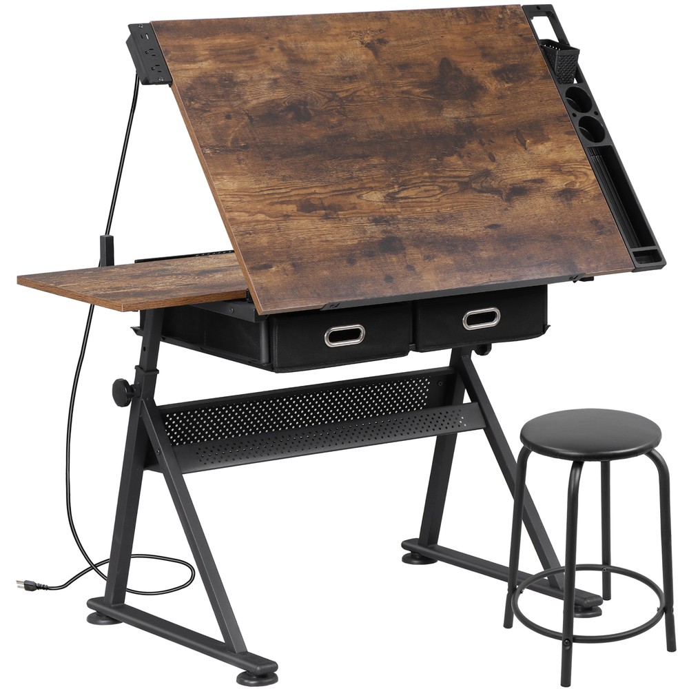 Adjustable Drafting Table Tilting Drawing Desk w/Charging Station & Stool Retro