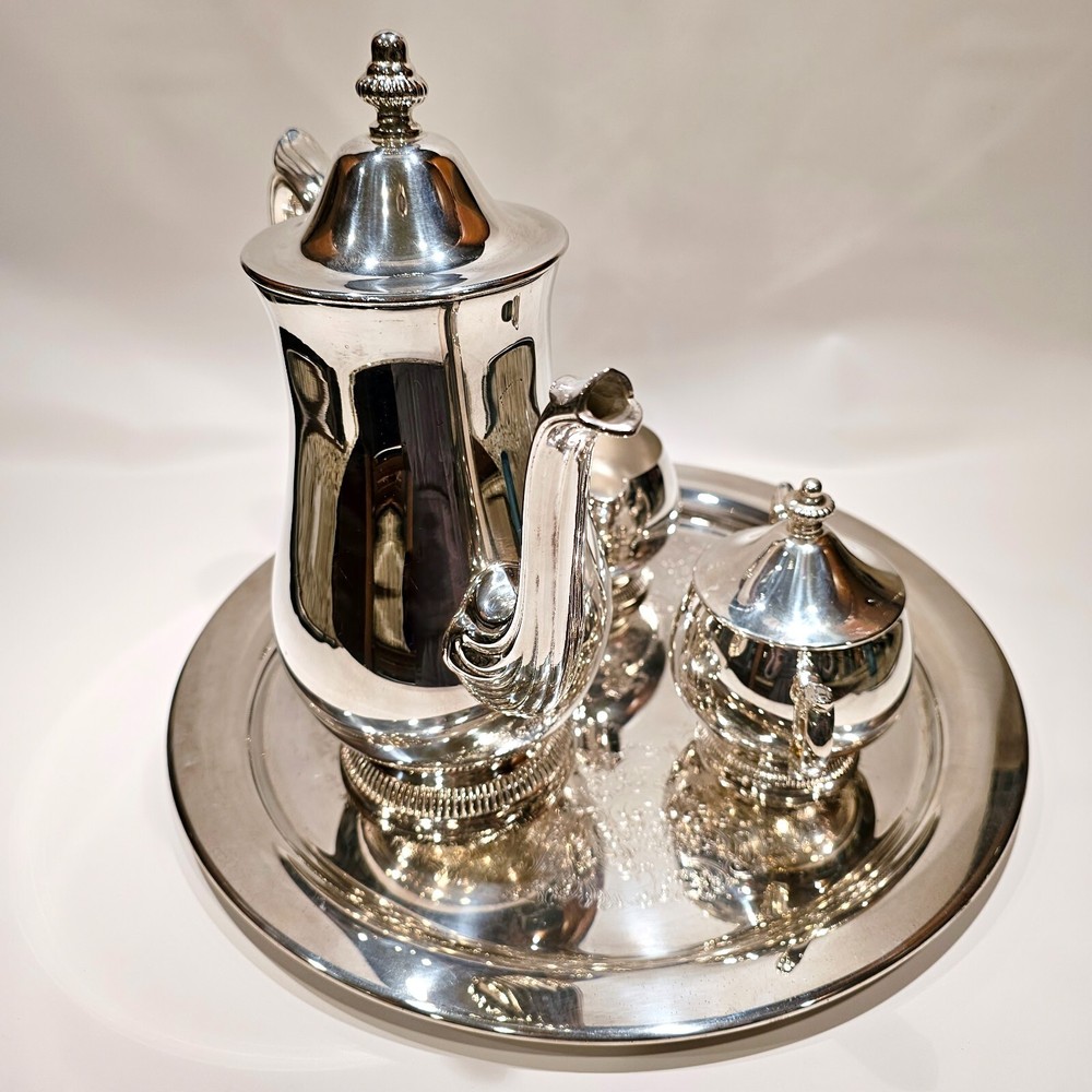 Reed & Barton S2600 Silver Plate Coffee Pot Creamer Sugar Bowl Lid Set with Tray